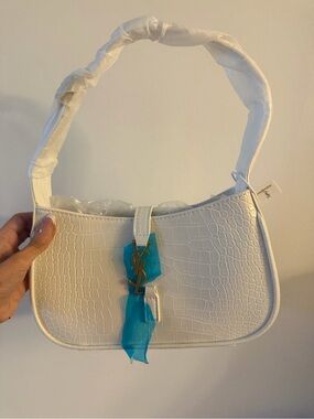 White Croc-Embossed Shoulder Bag with Gold Accent